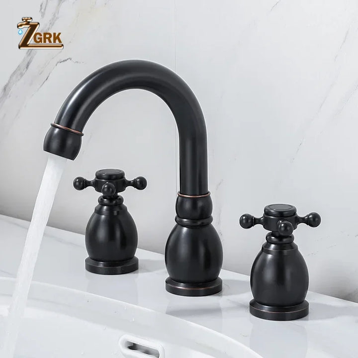 Brass Bathroom Faucet Set Dual Holder Three-hole Wash Basin Faucet Split Hot and Cold Water Sink Taps 5pc Black Tap
