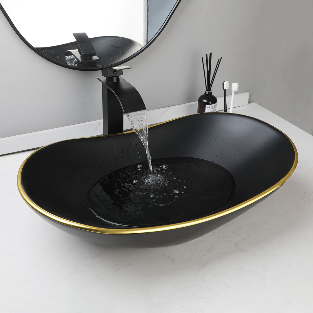 KEMAIDI Black Ceramic Vessel Sink with Faucet and Drain Combo 24 inch Oval Above Counter Bathroom Sink Bowl with Marbling Basin