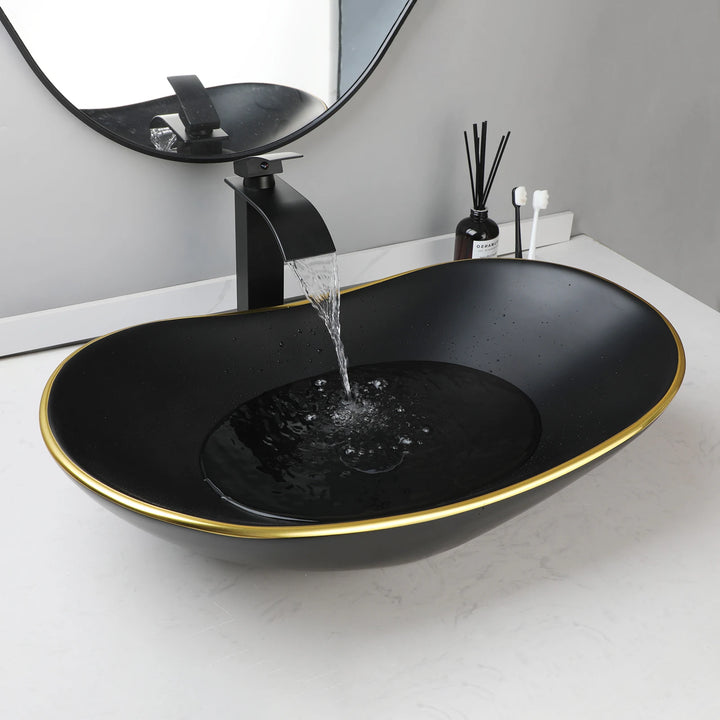 KEMAIDI Black Ceramic Vessel Sink with Faucet and Drain Combo 24 inch Oval Above Counter Bathroom Sink Bowl with Marbling Basin