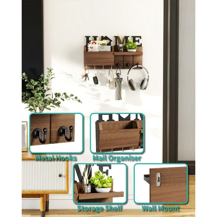 Key and Mail Holder for Wall, Wooden Key Holder and Mail Organizer for Wall Mount with 7 Hooks, Decorative Hanging Rustic Decor