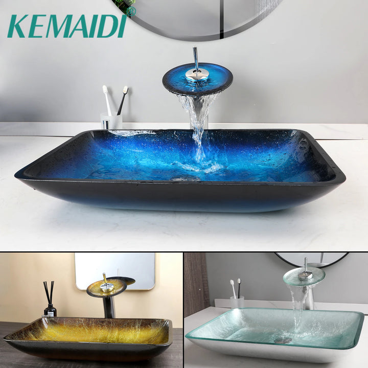 KEMAIDI Big Tempered Glass Basin Sink Washbasin Bathroom Vessel Sinks Counter Top Bowl Washroom Vessel Vanity Sink Faucet Set