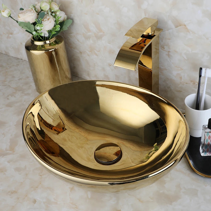 KEMAIDI Bathroom Vessel Sink 16 Inch Gold Ceramic Sink Bowl With Faucet Oval