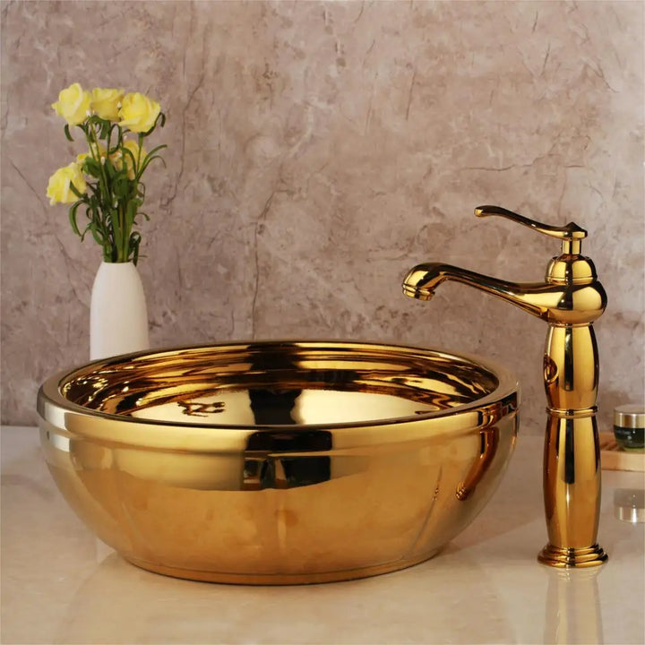 KEMAIDI Ceramic Bathroom Vessel Sink Gold with Faucet Porcelain Above Counter Luxury Vessel Sinks for Bathrooms
