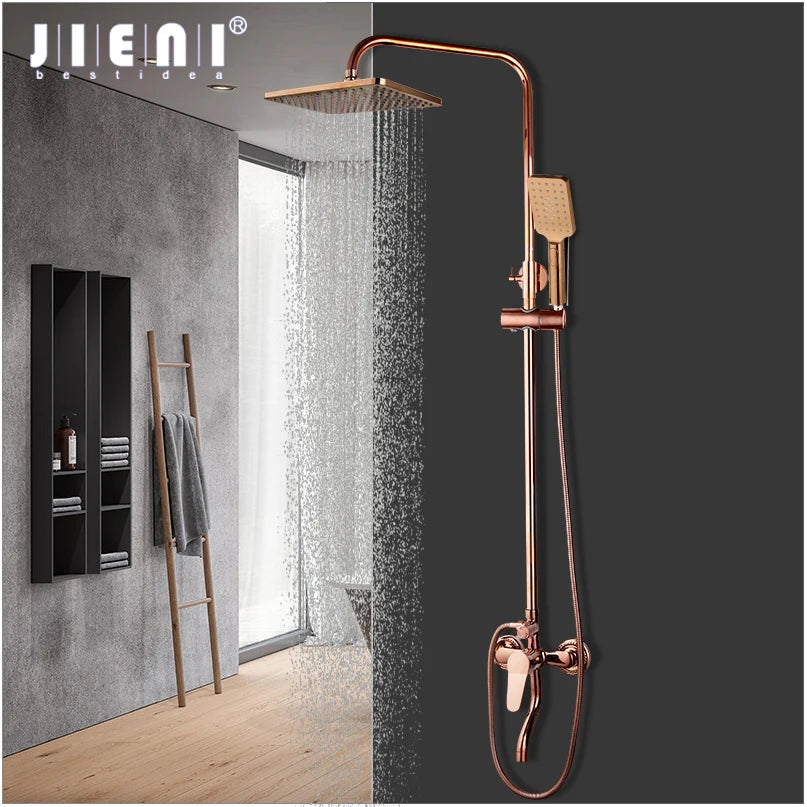JIENI Luxury Rose Golden Shower Faucet Set Solid Brass Handle Bathroom Bathtub Mixer Rainfall Hand Shower & Spray Shower Facuet
