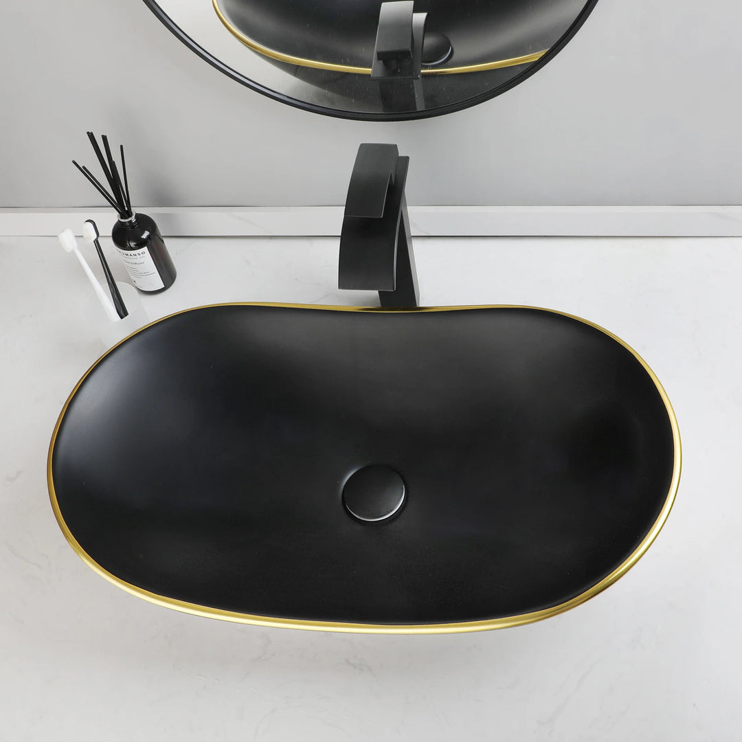 KEMAIDI Black Ceramic Vessel Sink with Faucet and Drain Combo 24 inch Oval Above Counter Bathroom Sink Bowl with Marbling Basin