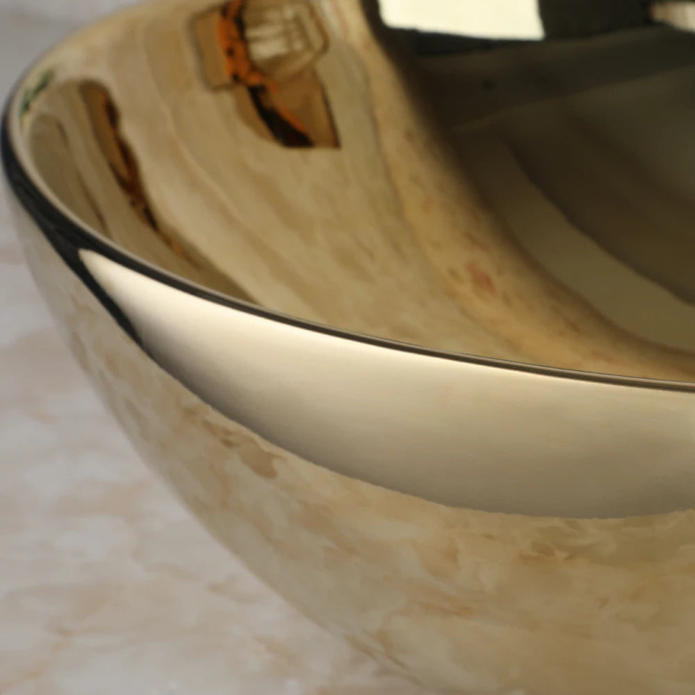 KEMAIDI Bathroom Vessel Sink 16 Inch Gold Ceramic Sink Bowl With Faucet Oval