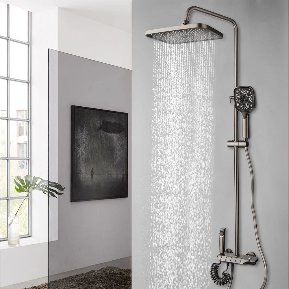 KEMAIDI Piano Key Shower Faucet Set Grey Shower System 4 Function Bathroom Rain Shower Combo Set Brass Bathtub Faucets Mixer