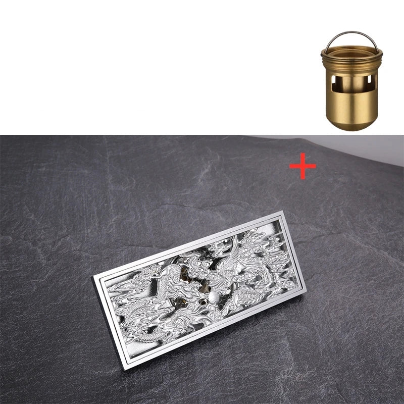 Dragon Phoenix Chinese Myth Antique Chrome Brass Linear Shower Drain 8.2x20CM Bathroom Floor Drainer Trap Waste Grate Strainer