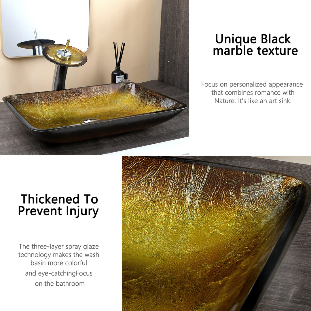 KEMAIDI Big Tempered Glass Basin Sink Washbasin Bathroom Vessel Sinks Counter Top Bowl Washroom Vessel Vanity Sink Faucet Set