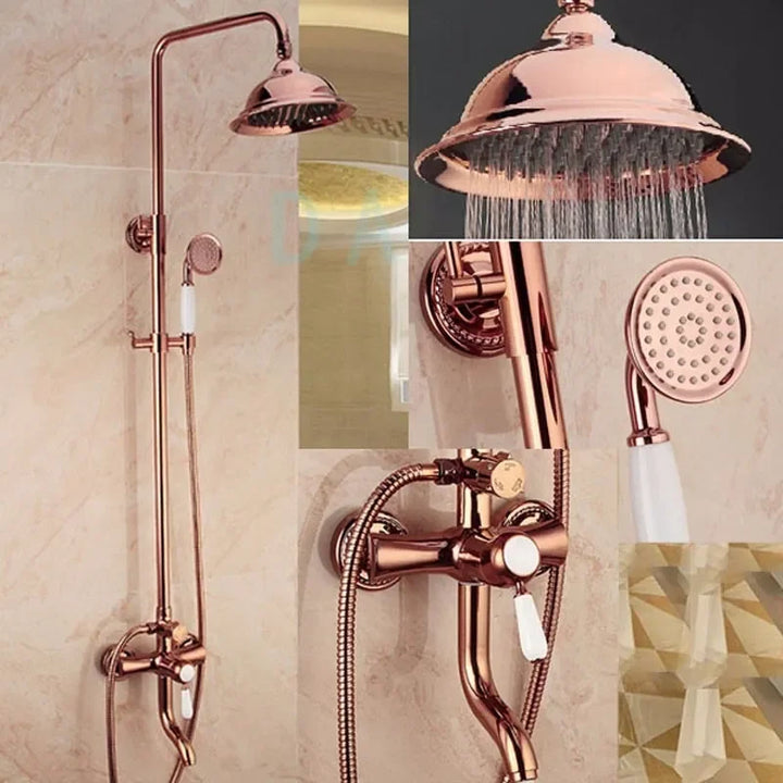 JIENI Luxury Rose Golden Shower Faucet Set Solid Brass Handle Bathroom Bathtub Mixer Rainfall Hand Shower & Spray Shower Facuet