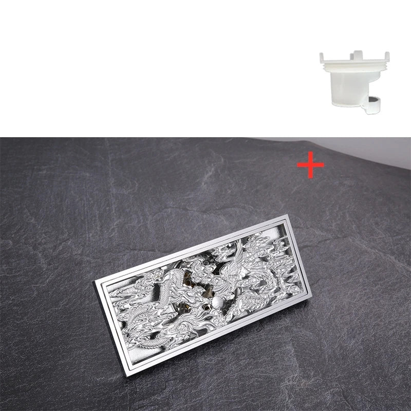Dragon Phoenix Chinese Myth Antique Chrome Brass Linear Shower Drain 8.2x20CM Bathroom Floor Drainer Trap Waste Grate Strainer