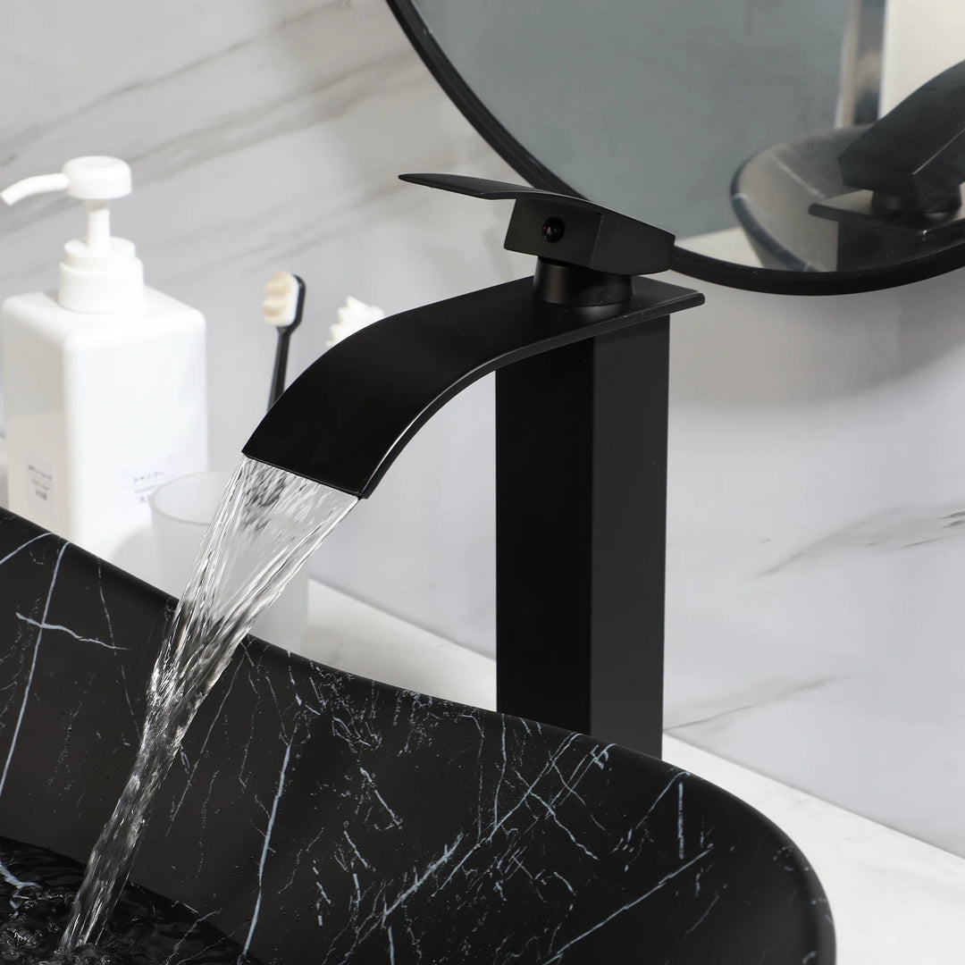 KEMAIDI Black Ceramic Vessel Sink with Faucet and Drain Combo 24 inch Oval Above Counter Bathroom Sink Bowl with Marbling Basin