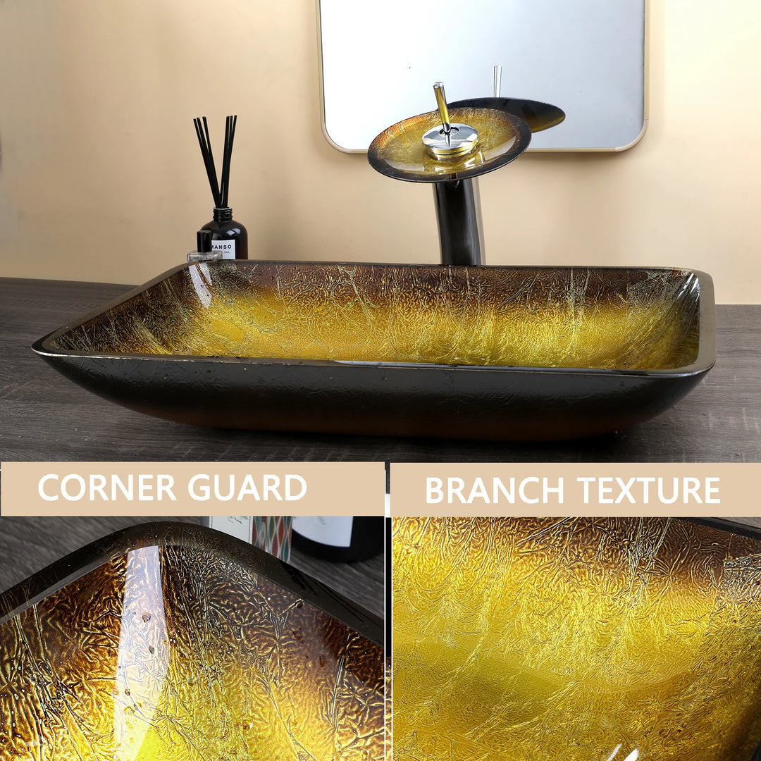 KEMAIDI Big Tempered Glass Basin Sink Washbasin Bathroom Vessel Sinks Counter Top Bowl Washroom Vessel Vanity Sink Faucet Set