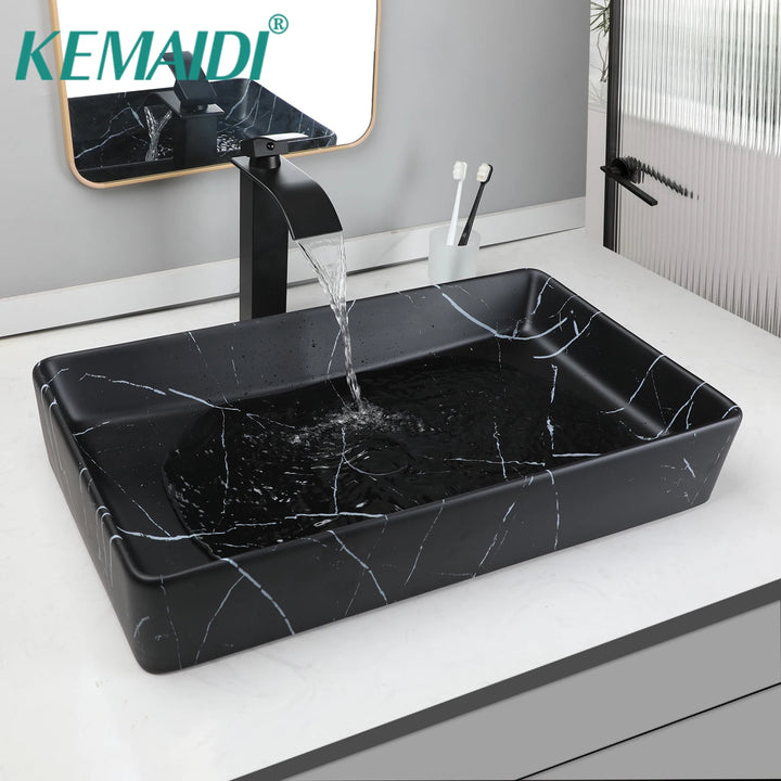 KEMAIDI Black Vanity Sink Rectangle Marble Bathroom Vessel Sink Above Counter Sinks for Bathrooms