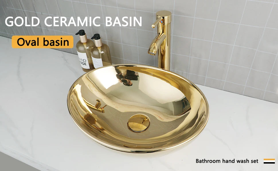 KEMAIDI Bathroom Vessel Sink 16 Inch Gold Ceramic Sink Bowl With Faucet Oval