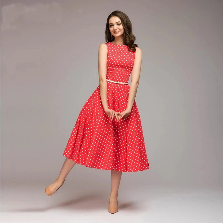 Vintage Dress Sleeveless O-neck Vestidos Women Elegant Thin Dot Printing Mid-Calf Casual Dress Female 2023 Summer New