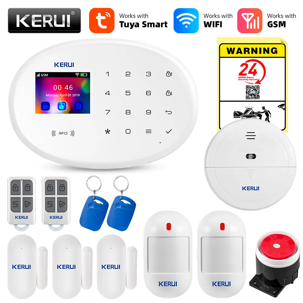 KERUI Tuya Smart WIFI GSM Alarm System Works With Alexa Home Security Wireless 433Mhz Burglar Alarm Door Window Sensor Detector