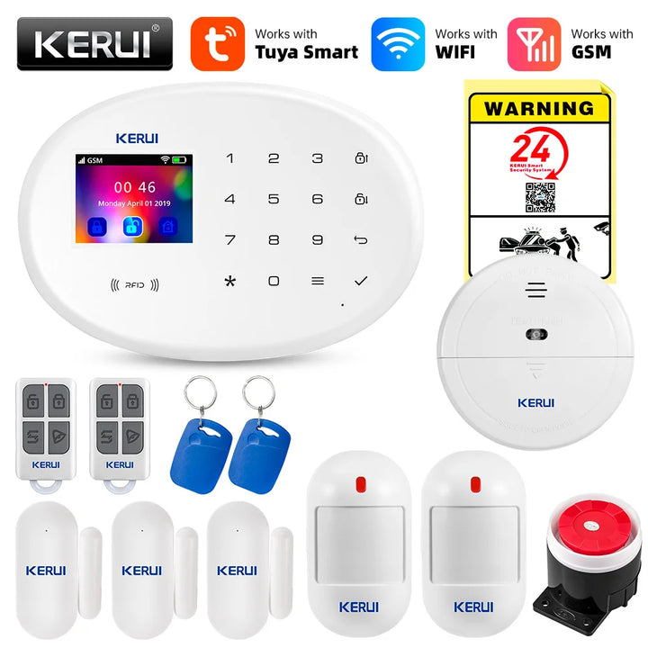 KERUI Tuya Smart WIFI GSM Alarm System Works With Alexa Home Security Wireless 433Mhz Burglar Alarm Door Window Sensor Detector