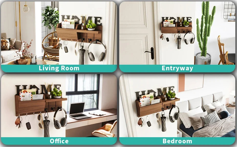 Key and Mail Holder for Wall, Wooden Key Holder and Mail Organizer for Wall Mount with 7 Hooks, Decorative Hanging Rustic Decor