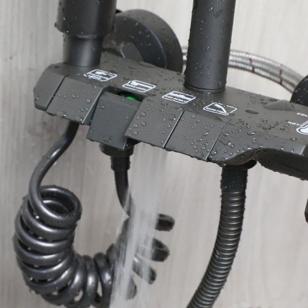 KEMAIDI Piano Key Shower Faucet Set Grey Shower System 4 Function Bathroom Rain Shower Combo Set Brass Bathtub Faucets Mixer