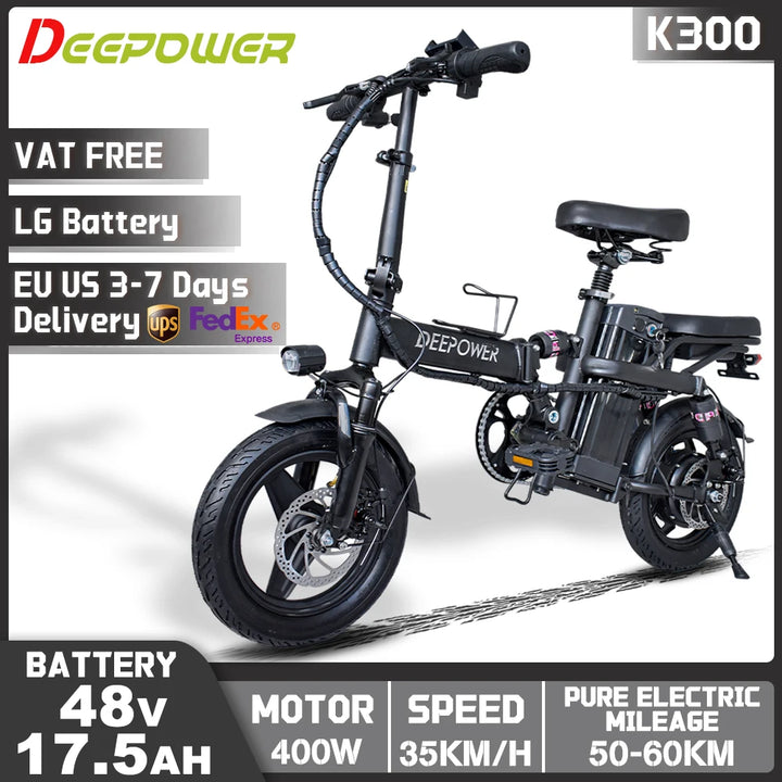 DEEPOWER K300 Electric Bike 400W 48V 30AH Adult Folding Electric Bicycle With Basket Mini Ebike for Urban Commuter Man Woman