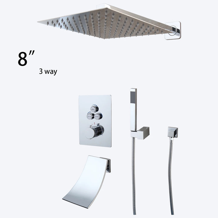 KEMAIDI Bathroom Wall Mount Thermostatic Rainfall Shower Faucet Set Chrome Concealed Shower System Waterfall Tub Spout Mixer Tap