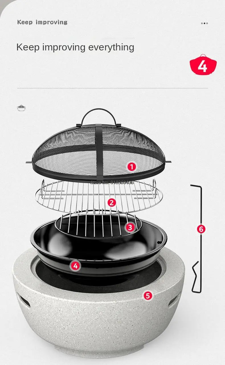 Round Outdoor Fire Pit Table Household Charcoal Brazier Garden Courtyard Barbecue Grill With Mesh Enclosure And Barbecue Net