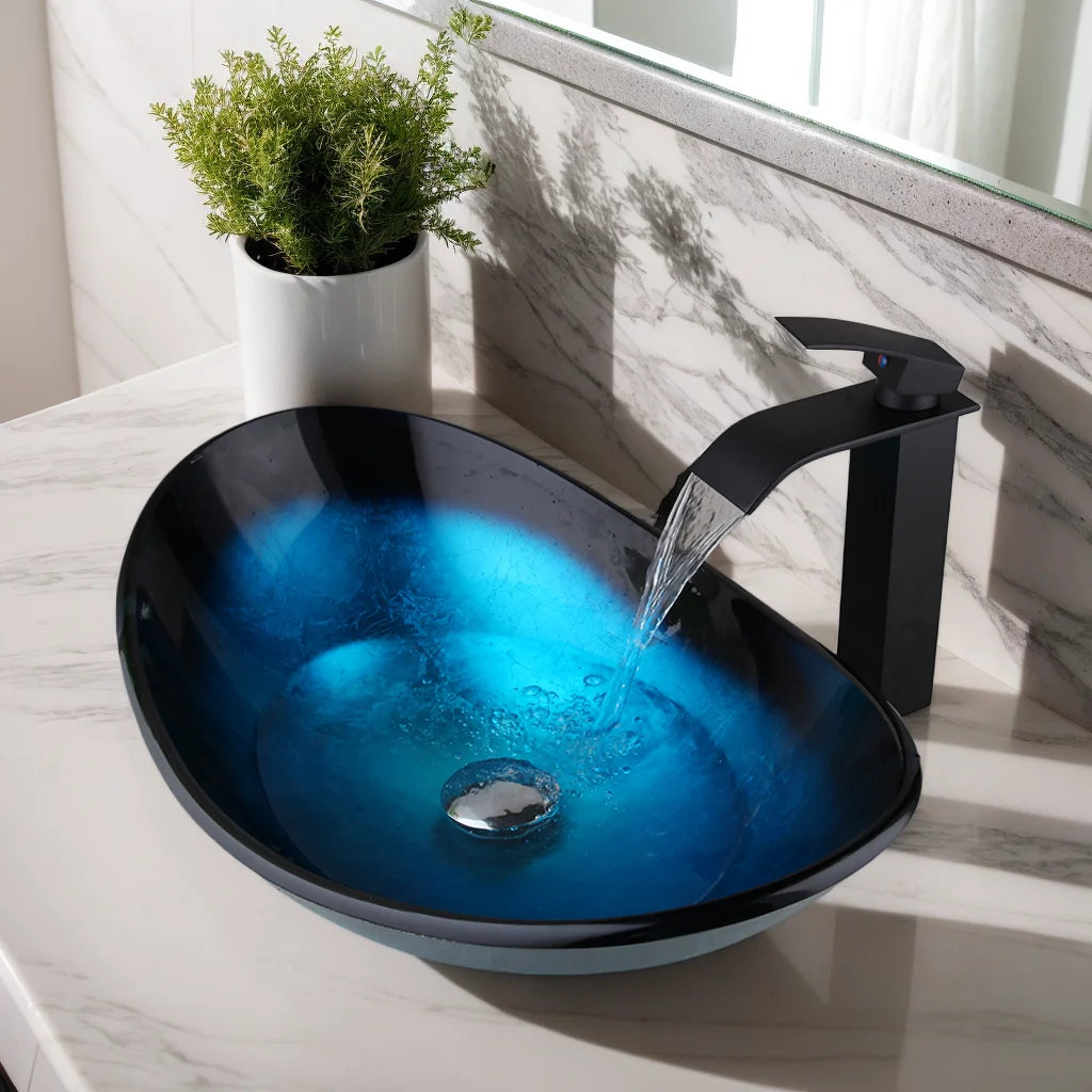 KEMAIDI Bathroom Sink Countertop Basin Bowl with Faucet Washroom Vessel Vanity Sinks Tempered Glass Basin Washbasin Faucet Set
