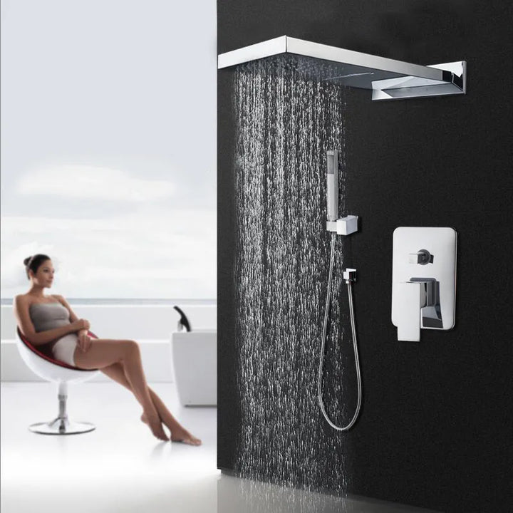 KEMAIDI Matte Black Shower Faucet Set Rectangular Dual-function Rainfall Shower Head with Handheld Sprayer Gold Shower Systerm