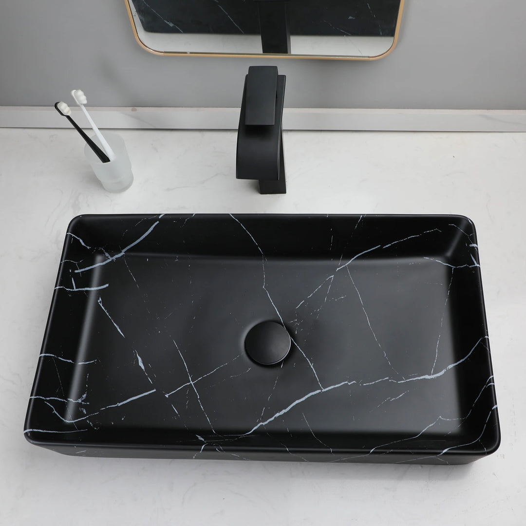 KEMAIDI Black Vanity Sink Rectangle Marble Bathroom Vessel Sink Above Counter Sinks for Bathrooms