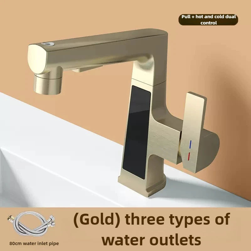 Digital Display Pulling Faucet Intelligent Temperature Sensor Brass Washbasin Taps Rotating Lifting Cold and Hot Water Mixer Tap