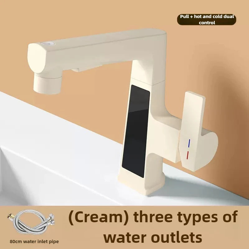 Digital Display Pulling Faucet Intelligent Temperature Sensor Brass Washbasin Taps Rotating Lifting Cold and Hot Water Mixer Tap