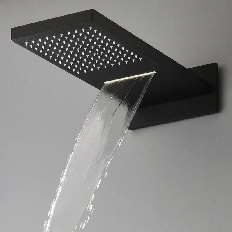 KEMAIDI Matte Black Shower Faucet Set Rectangular Dual-function Rainfall Shower Head with Handheld Sprayer Gold Shower Systerm
