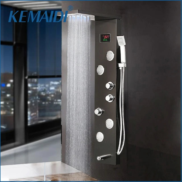 KEMAIDI Black Column  Shower Faucet Bath Shower System Temperature Digital Display LED Shower Panel Body Massage Jets 12 Choice