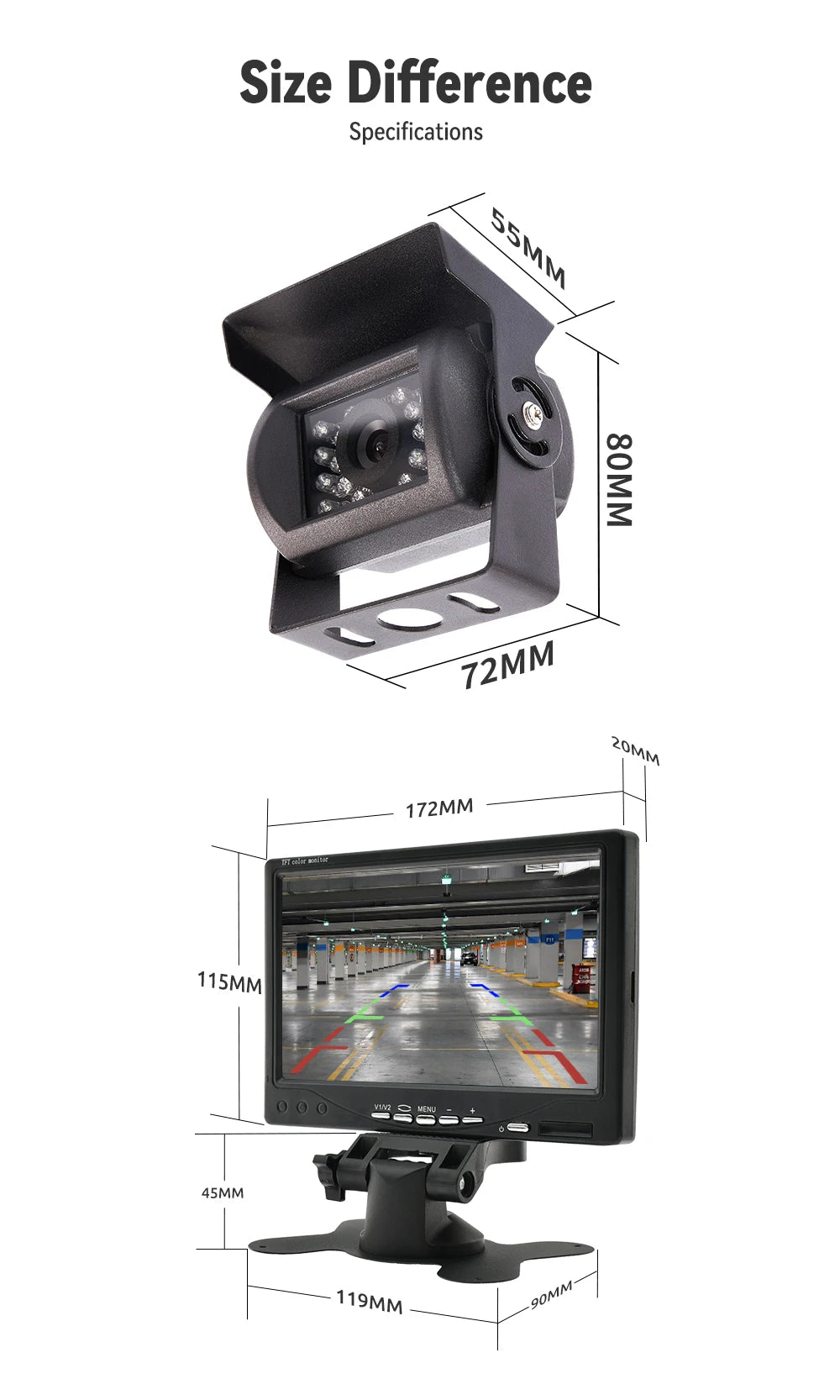 MJDOUD 7 Inch Car Rear View Camera Monitor for Truck Parking Display 9-36V HD Reversing Camera with Screen 1024*600 Universal