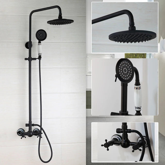 KEMAIDI Bathroom Black Shower Set Wall Mounted 8" Rainfall Shower Faucet 3-functions 2 Cross Handles Solid Brass Shower Fixtures