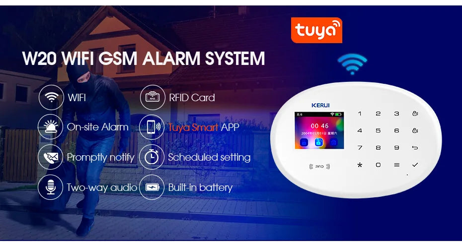 KERUI Tuya Smart WIFI GSM Alarm System Works With Alexa Home Security Wireless 433Mhz Burglar Alarm Door Window Sensor Detector