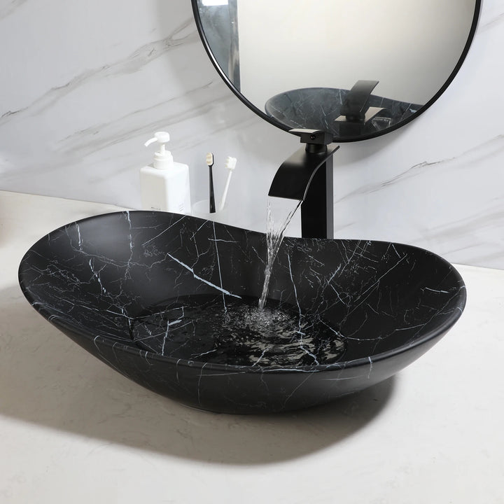 KEMAIDI Black Ceramic Vessel Sink with Faucet and Drain Combo 24 inch Oval Above Counter Bathroom Sink Bowl with Marbling Basin