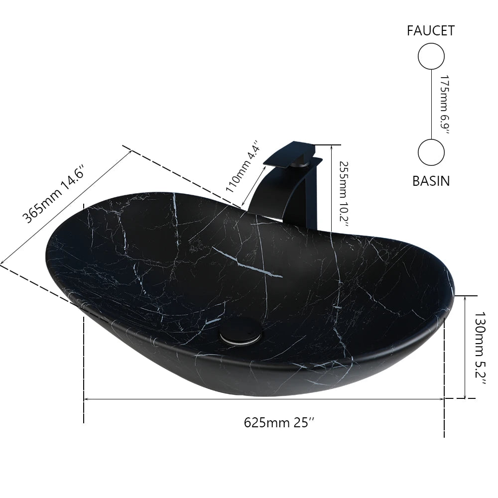 KEMAIDI Black Ceramic Vessel Sink with Faucet and Drain Combo 24 inch Oval Above Counter Bathroom Sink Bowl with Marbling Basin