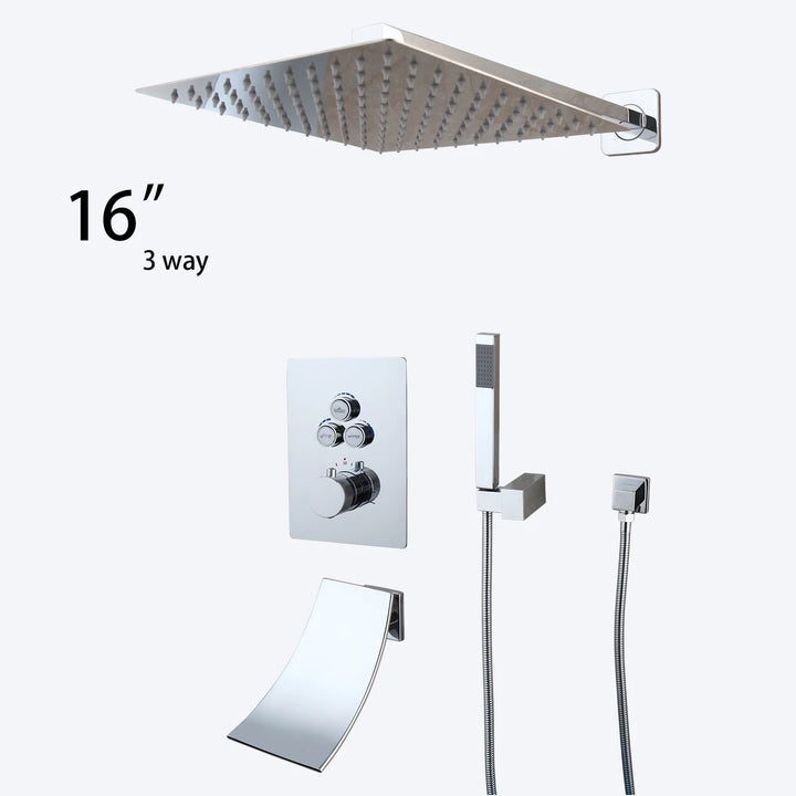 KEMAIDI Bathroom Wall Mount Thermostatic Rainfall Shower Faucet Set Chrome Concealed Shower System Waterfall Tub Spout Mixer Tap