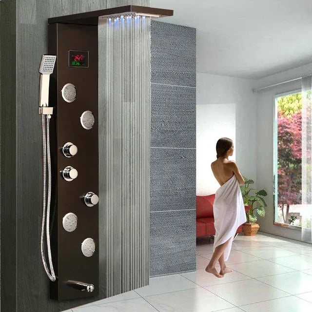 KEMAIDI Black Column  Shower Faucet Bath Shower System Temperature Digital Display LED Shower Panel Body Massage Jets 12 Choice