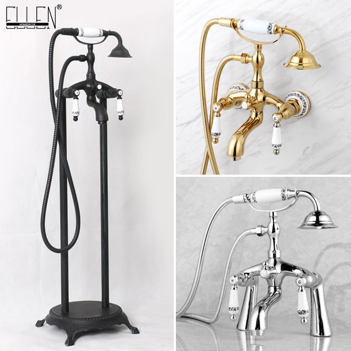 ELLEN Floor Stand Bathtub Faucets with Hand Shower Floor Standing Bath Tub Faucet Hot Cold Water Mixer Tap ELS9120