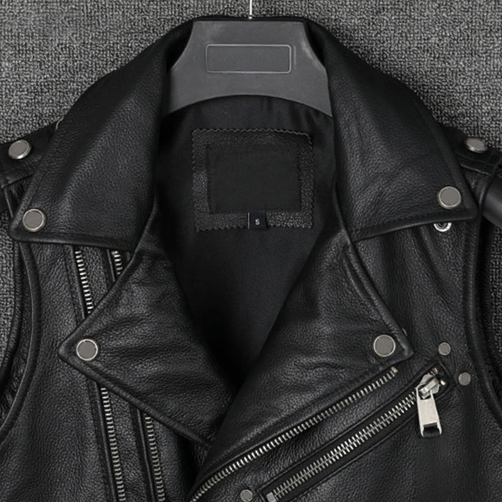Mauroicardi  Black Motorcycle Leather Vest Men with Zipper Pockets