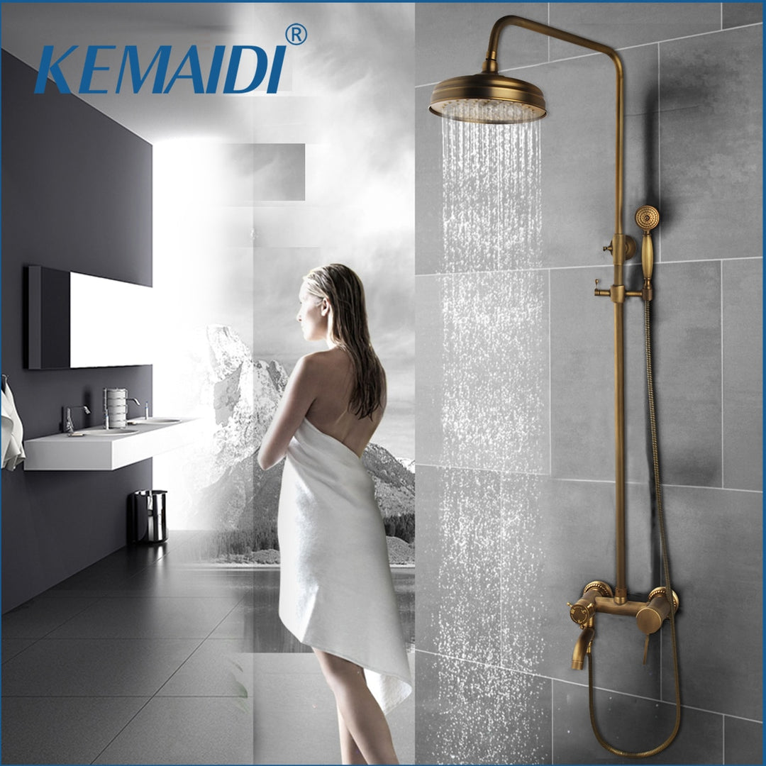 KEMAIDI Antique Brass Rainfall Bathroom Shower Set Shower Hand And Round Shower Hand Mixer Taps Double Handles