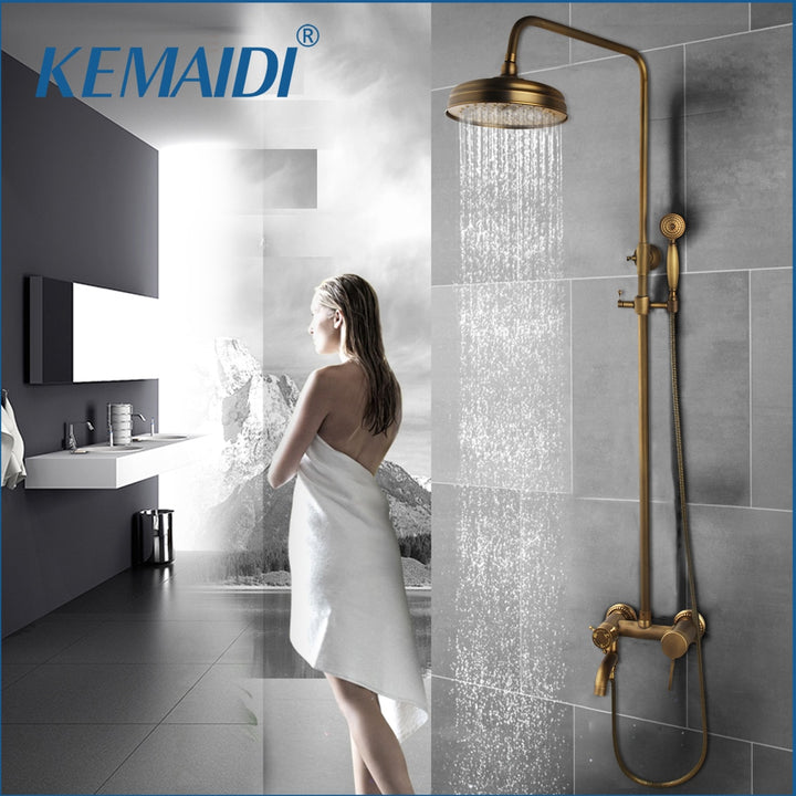 KEMAIDI Antique Brass Rainfall Bathroom Shower Set Shower Hand And Round Shower Hand Mixer Taps Double Handles