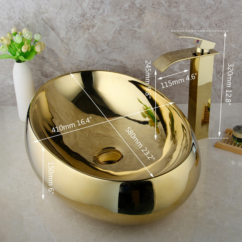 KEMAIDI  Golden Luxury Ceramic Washbasin Combine Mixer Faucets Set