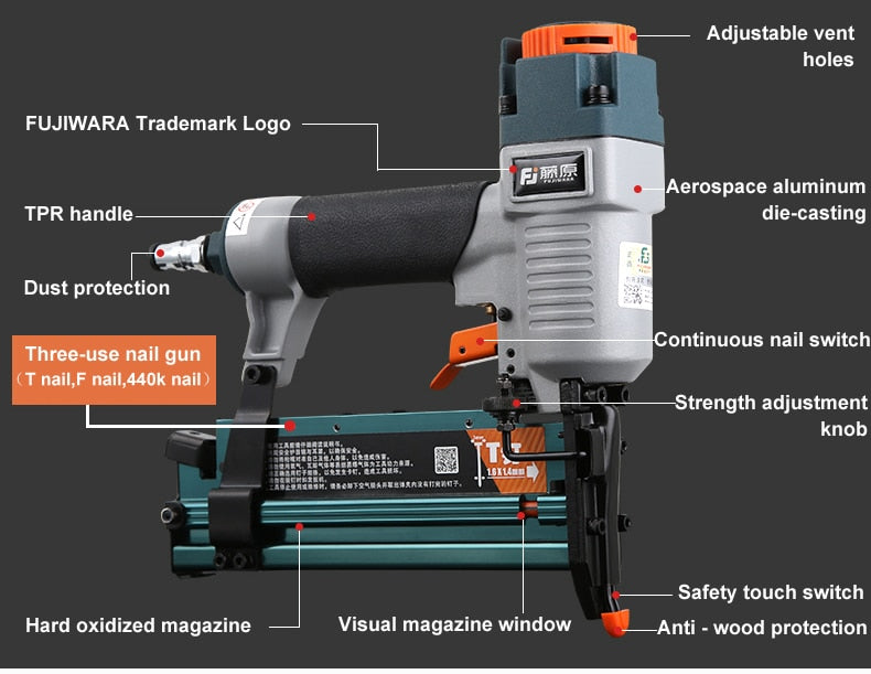 FUJIWARA 3-in-1 Carpenter Pneumatic Nail Gun 18Ga/20Ga Wood Air Stapler F10-F50, T20-T50, 440K Nails