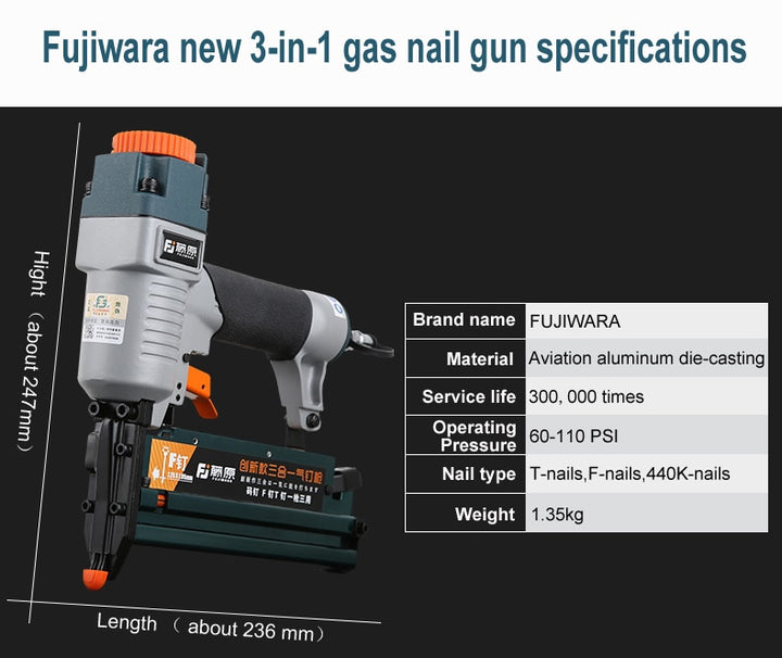 FUJIWARA 3-in-1 Carpenter Pneumatic Nail Gun 18Ga/20Ga Wood Air Stapler F10-F50, T20-T50, 440K Nails