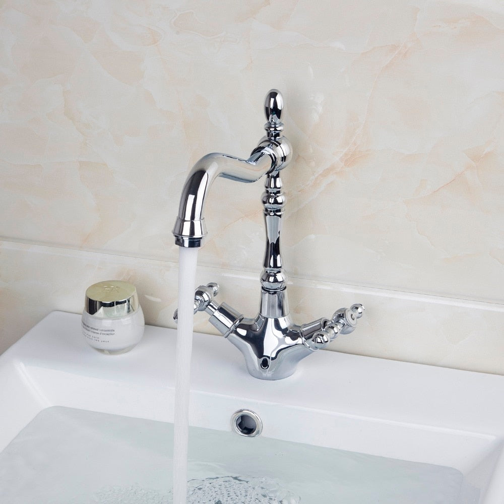 KEMAIDI Bathroom Faucet Polished Chrome 2 Handles Swivel Hot And Cold Mixer Tap Brass Basin Faucet Bathroom Sink Mixer
