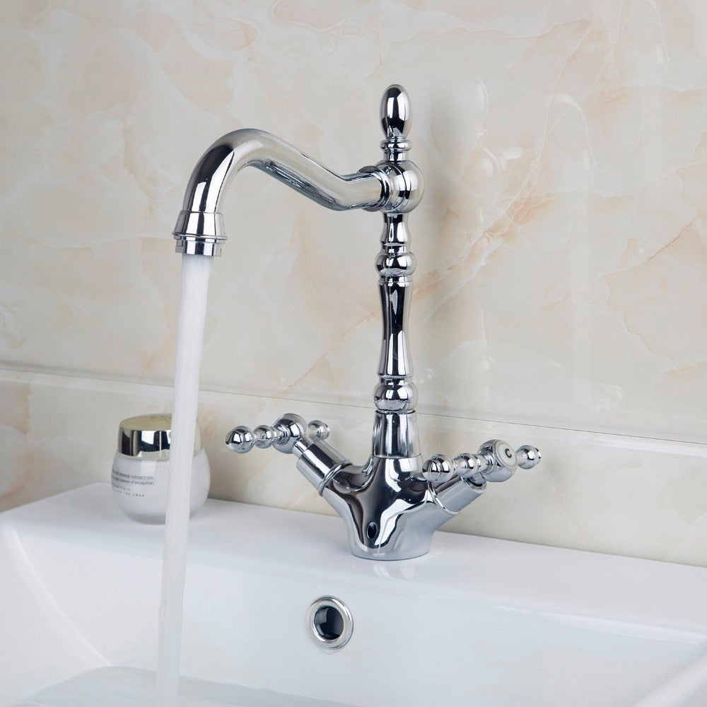 KEMAIDI Bathroom Faucet Polished Chrome 2 Handles Swivel Hot And Cold Mixer Tap Brass Basin Faucet Bathroom Sink Mixer